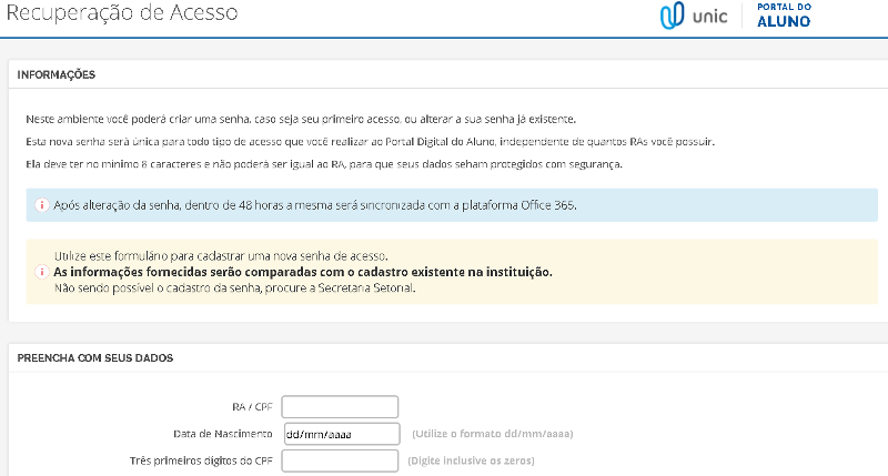 Portal do Aluno UNIC Trocar senha faze nova senha