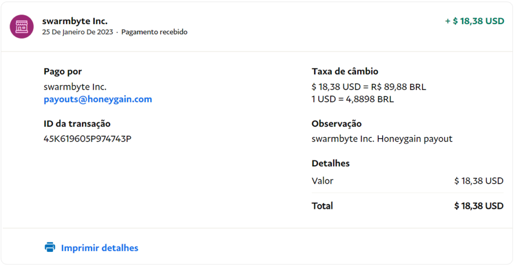 Comprovante de pagamento do Honeygain